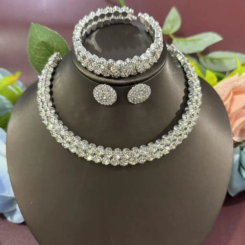 1 necklace, 1 pair of earrings, 1 bracelet, fashionable crystal, 3-piece set, rhinestone claw chain, diamond inlaid collar jewel